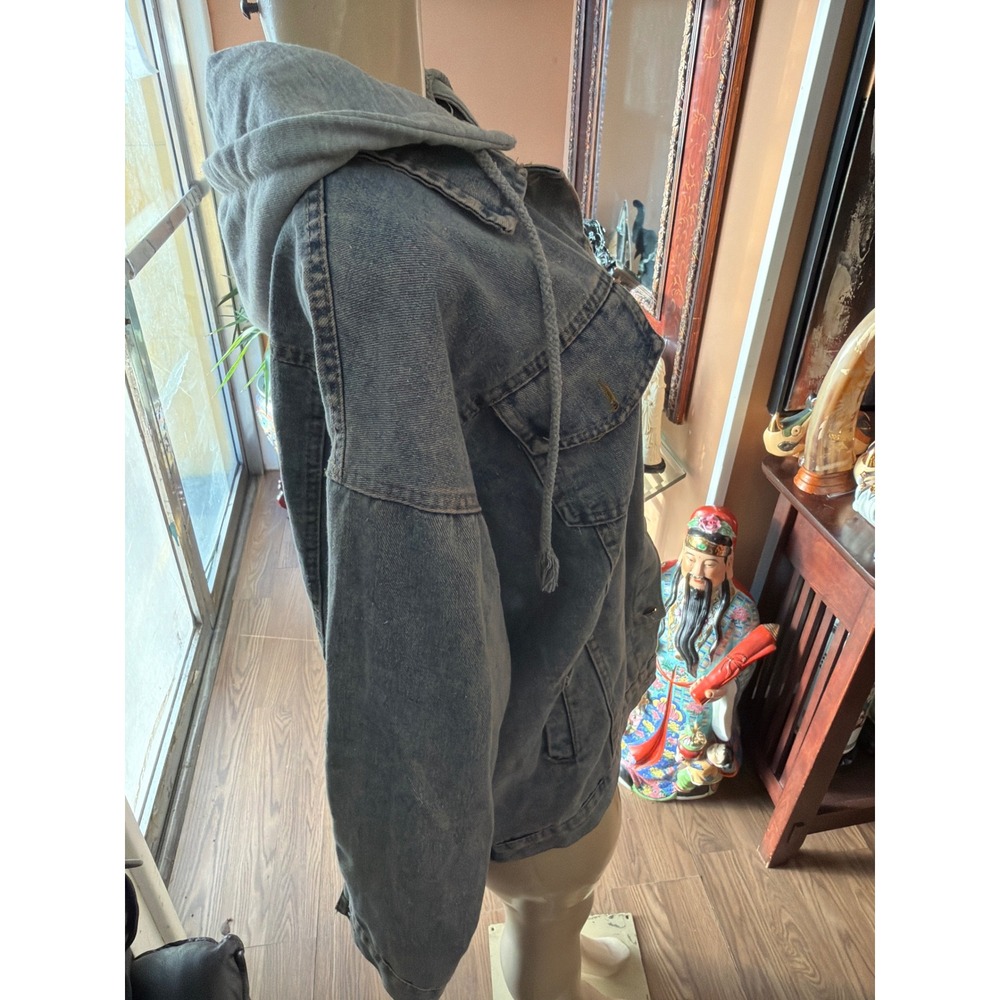 Amy Denim Jacket with Grey Hood Medium Wash Button Up Layered Look Streetwear - Picture 2 of 8